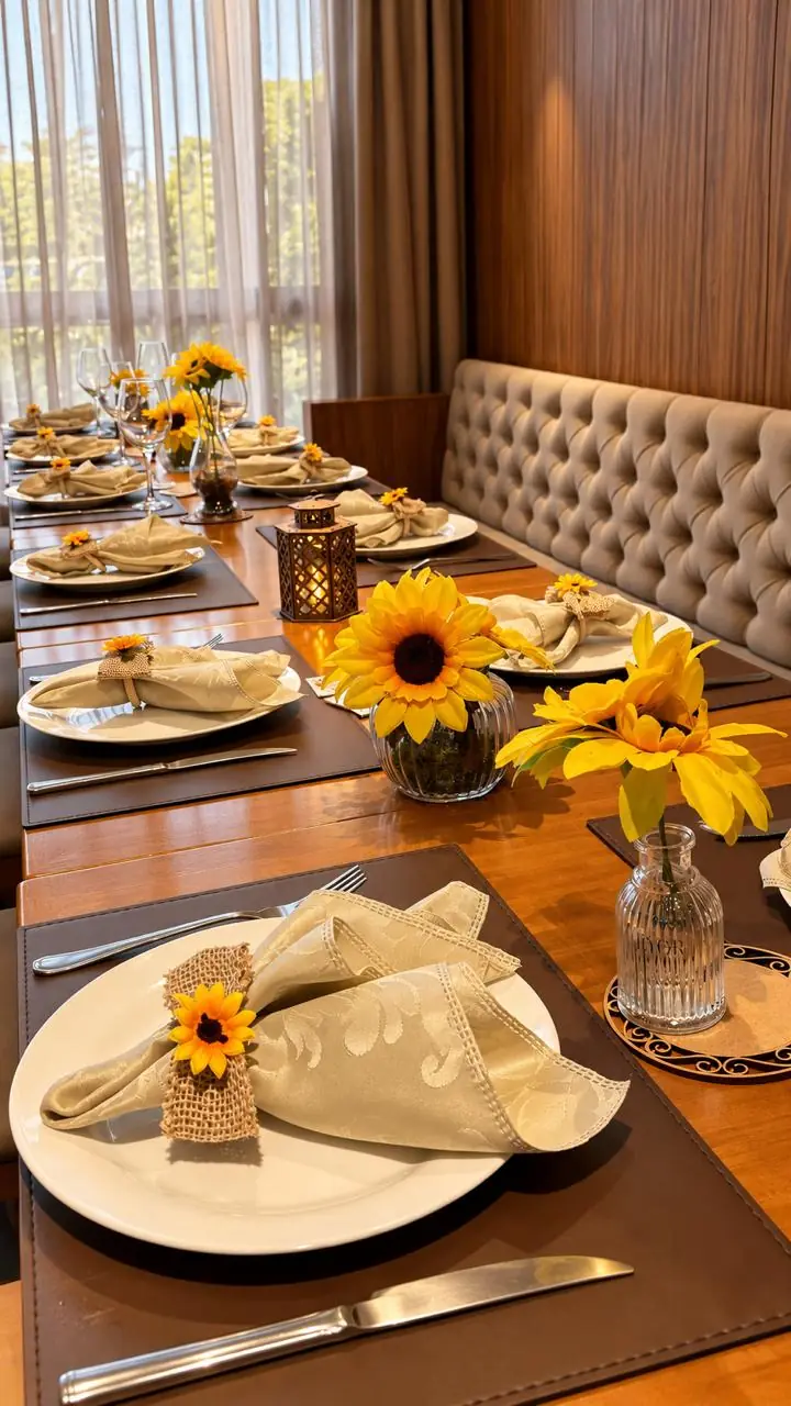 Mesa longa decorada com girassóis, lanternas e guardanapos de linho junto a um sofá capitonê